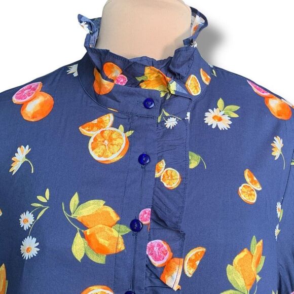 eshakti Tops - Wayward Fancies eShakti Navy Blue Citrus Print Button-Down Blouse Ruffled Collar